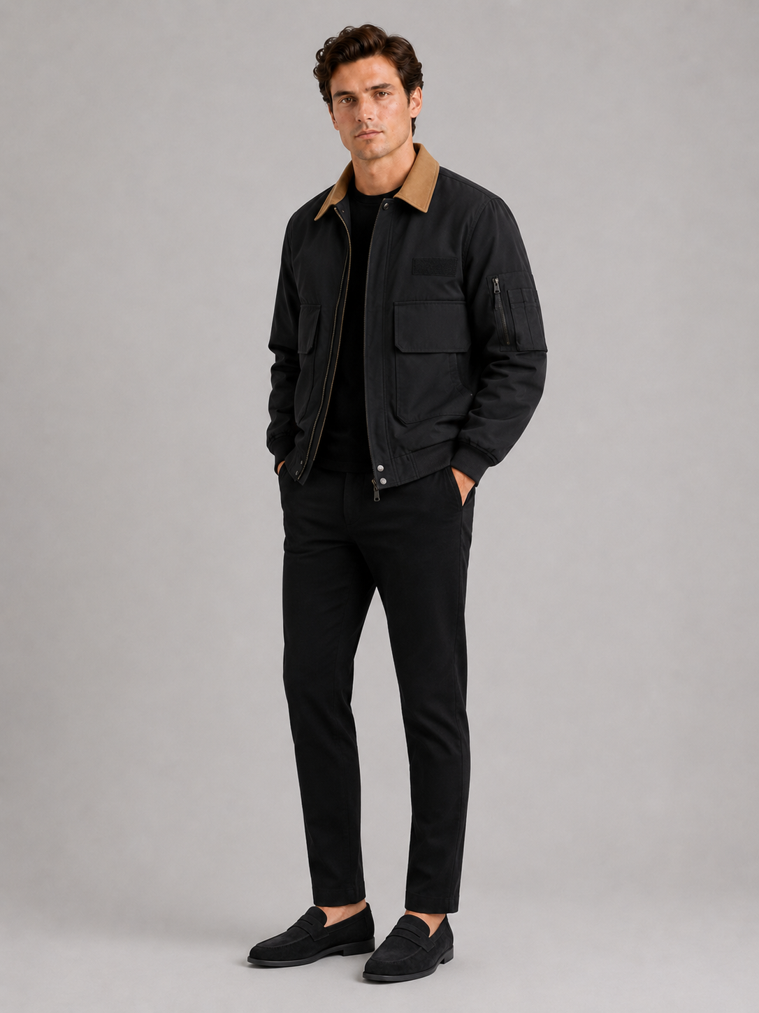 Black military jacket for men multi pocket cotton outerwear for outdoor work and everyday wear