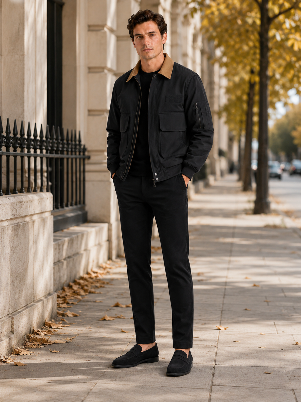 Man styling black military cotton jacket in a modern outdoor and everyday lifestyle outfit