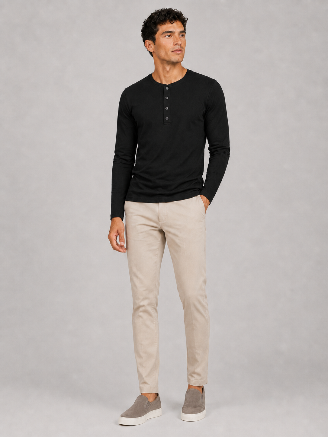 Men’s black long sleeve henley shirt slim fit comfortable spring wear