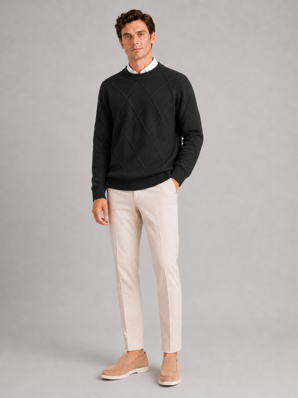 Black crew neck cable knit sweater for men loose fit warm pullover for everyday winter wear