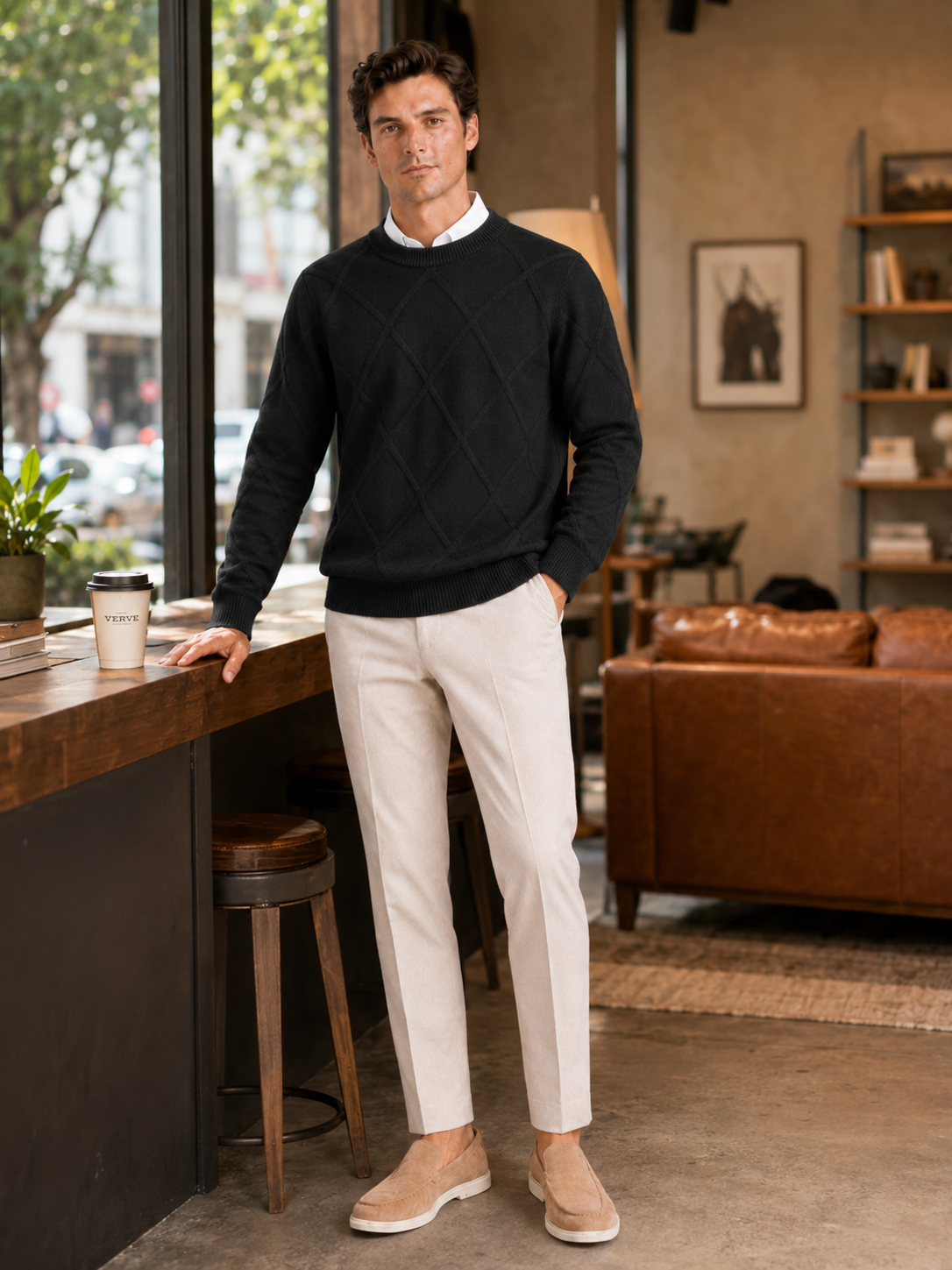 Man styling black cable knit sweater in a modern cold weather lifestyle outfit