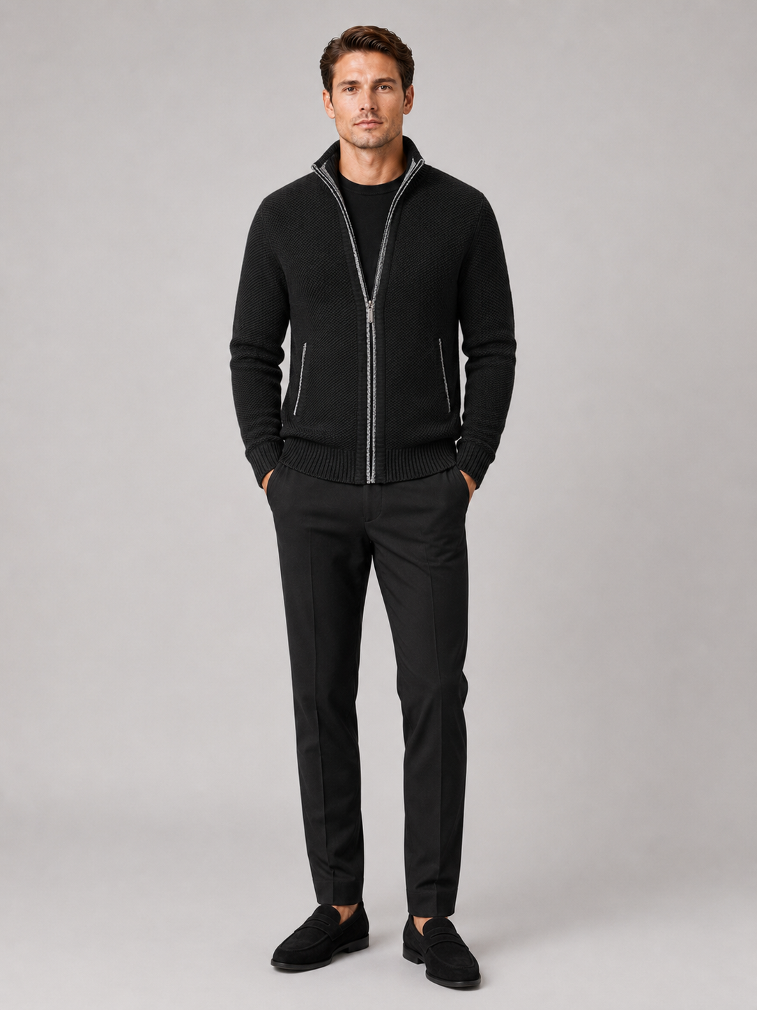 Black fleece cardigan sweater for men full zip warm knit jacket for everyday wear