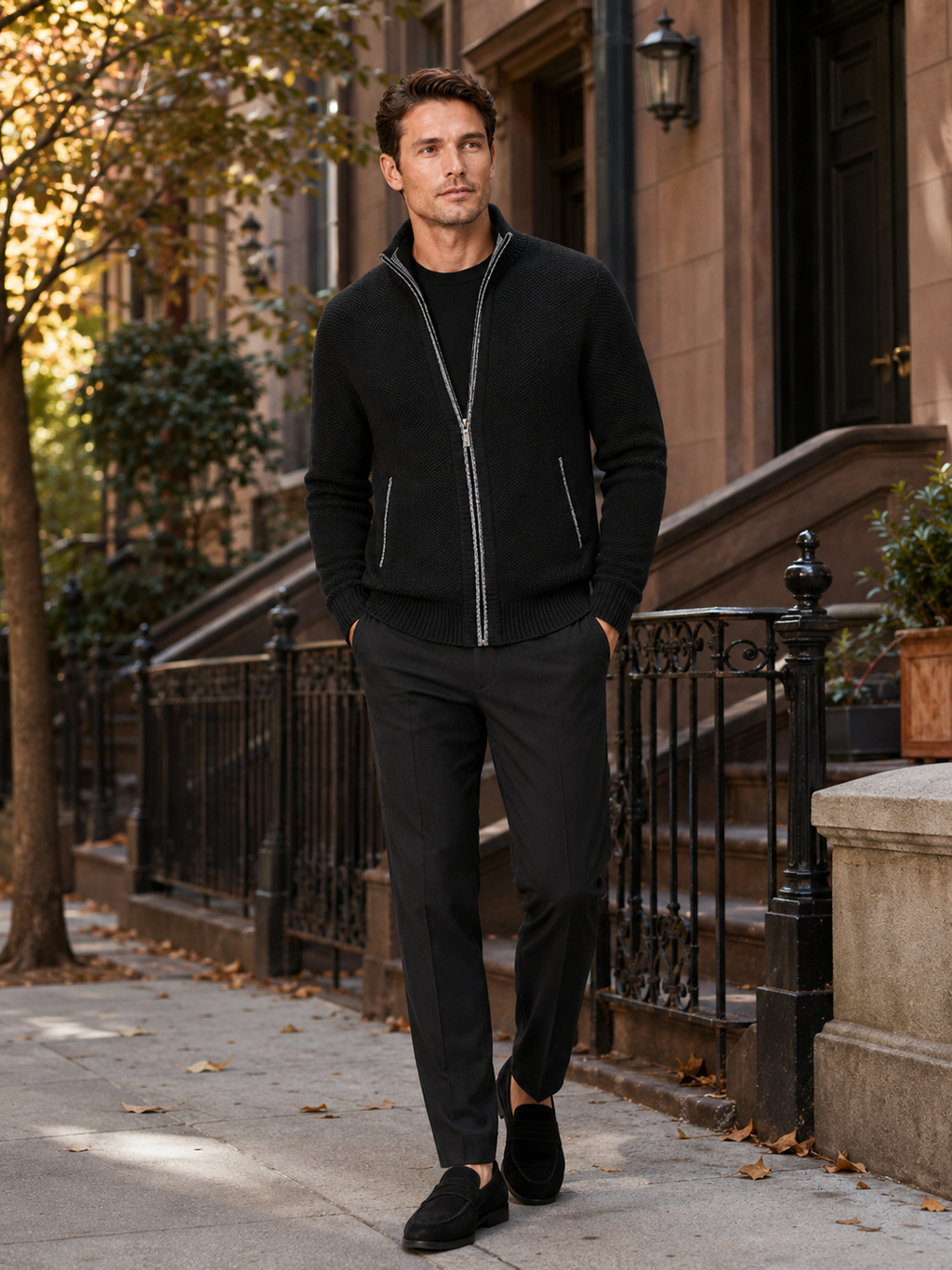 Man styling black fleece cardigan sweater in a modern everyday winter lifestyle outfit