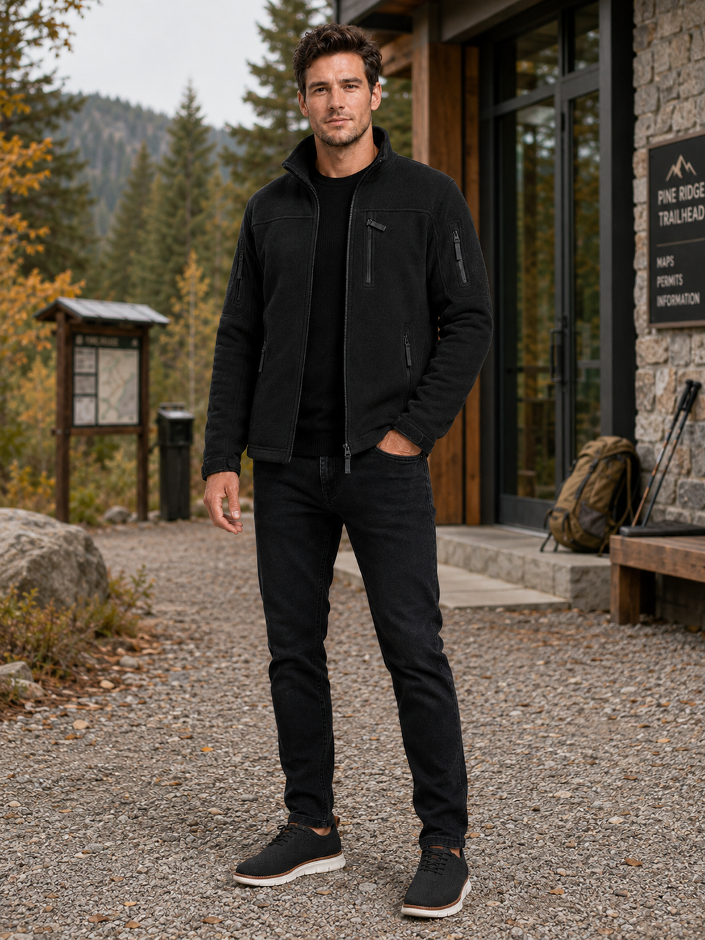 Man wearing a black windproof fleece jacket for hiking, work, and outdoor activities in fall and winter