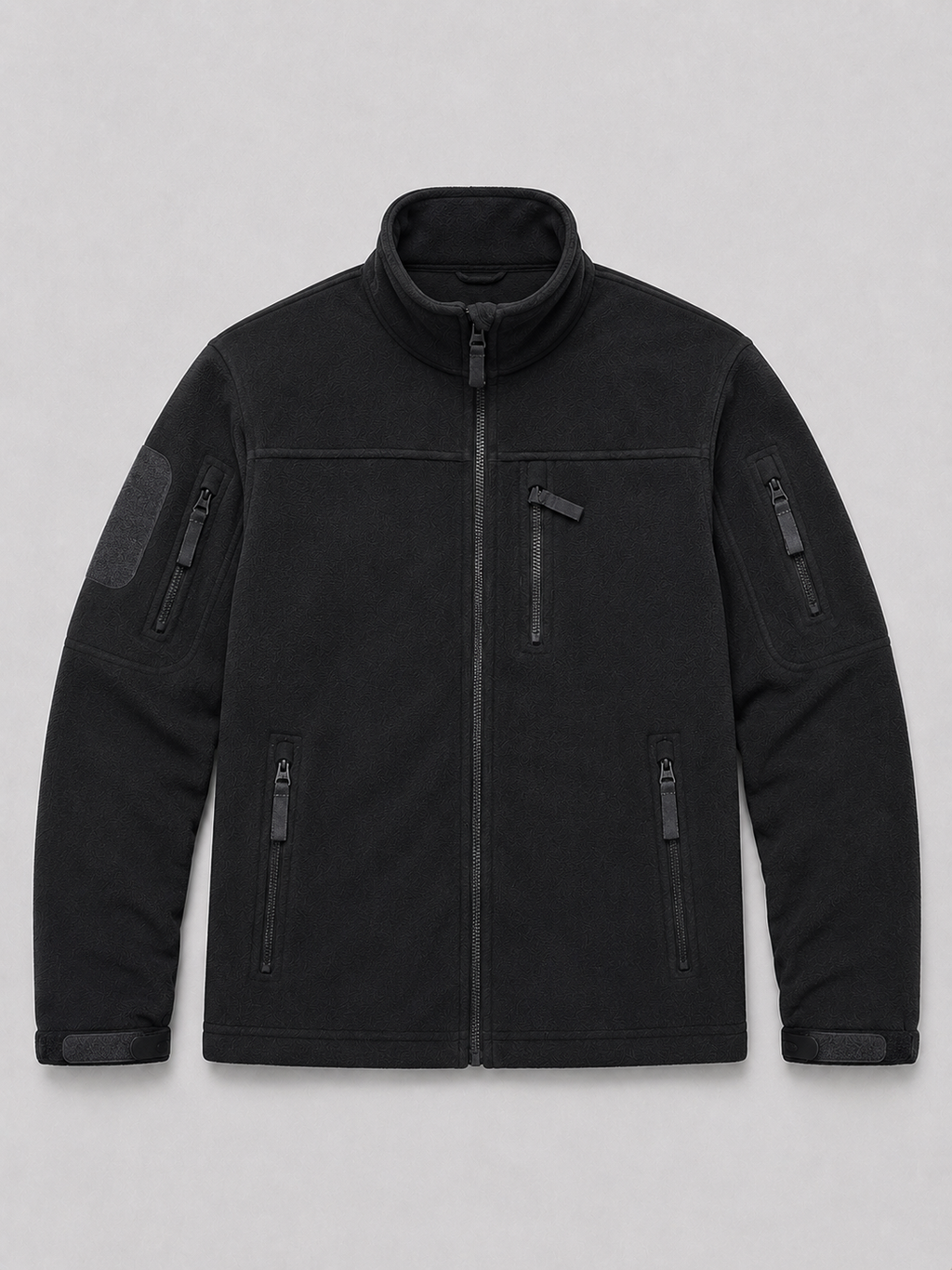 Black men’s windproof full zip fleece jacket with zipper pockets displayed on a plain background