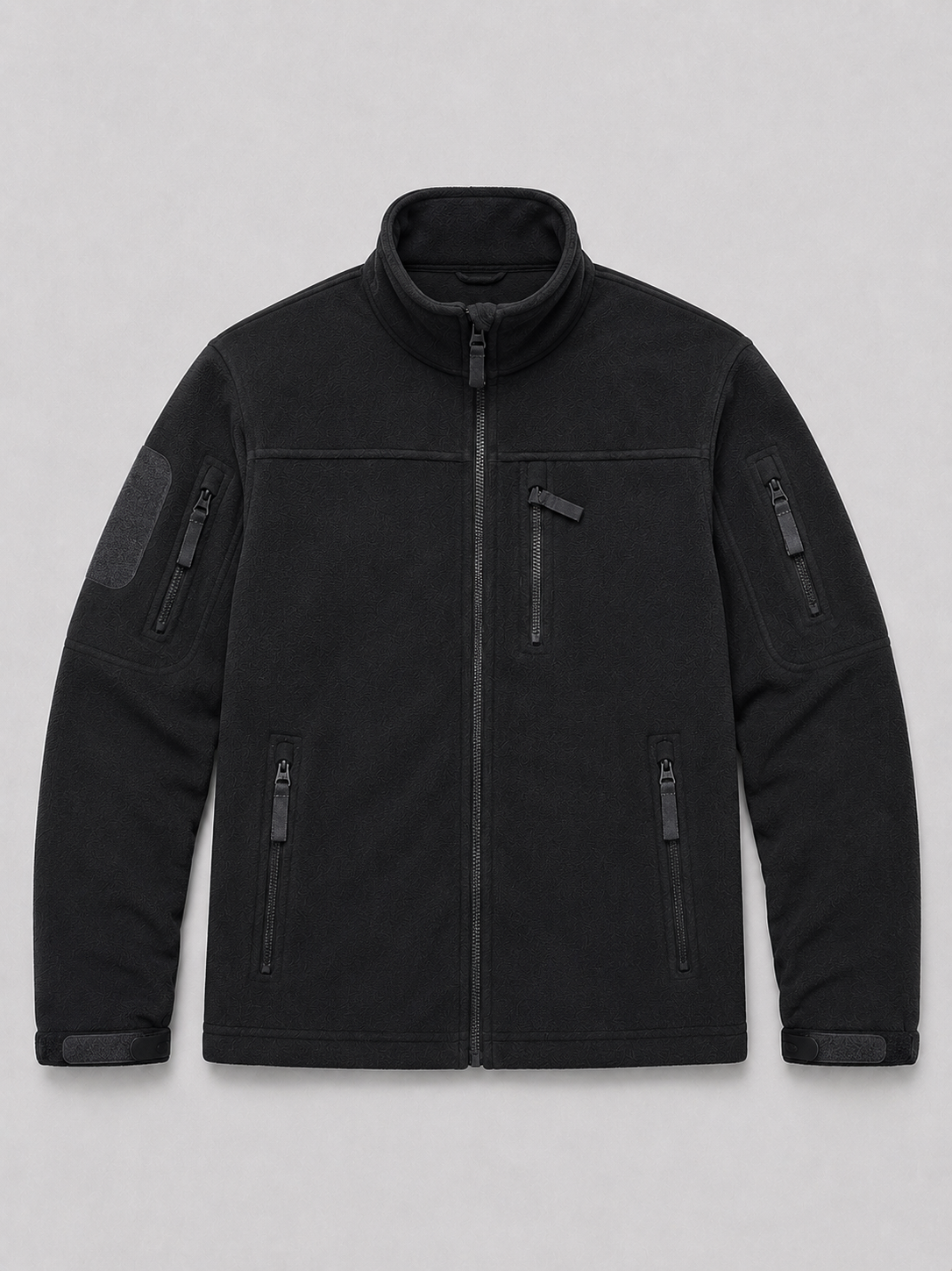 Black men’s windproof full zip fleece jacket with zipper pockets displayed on a plain background