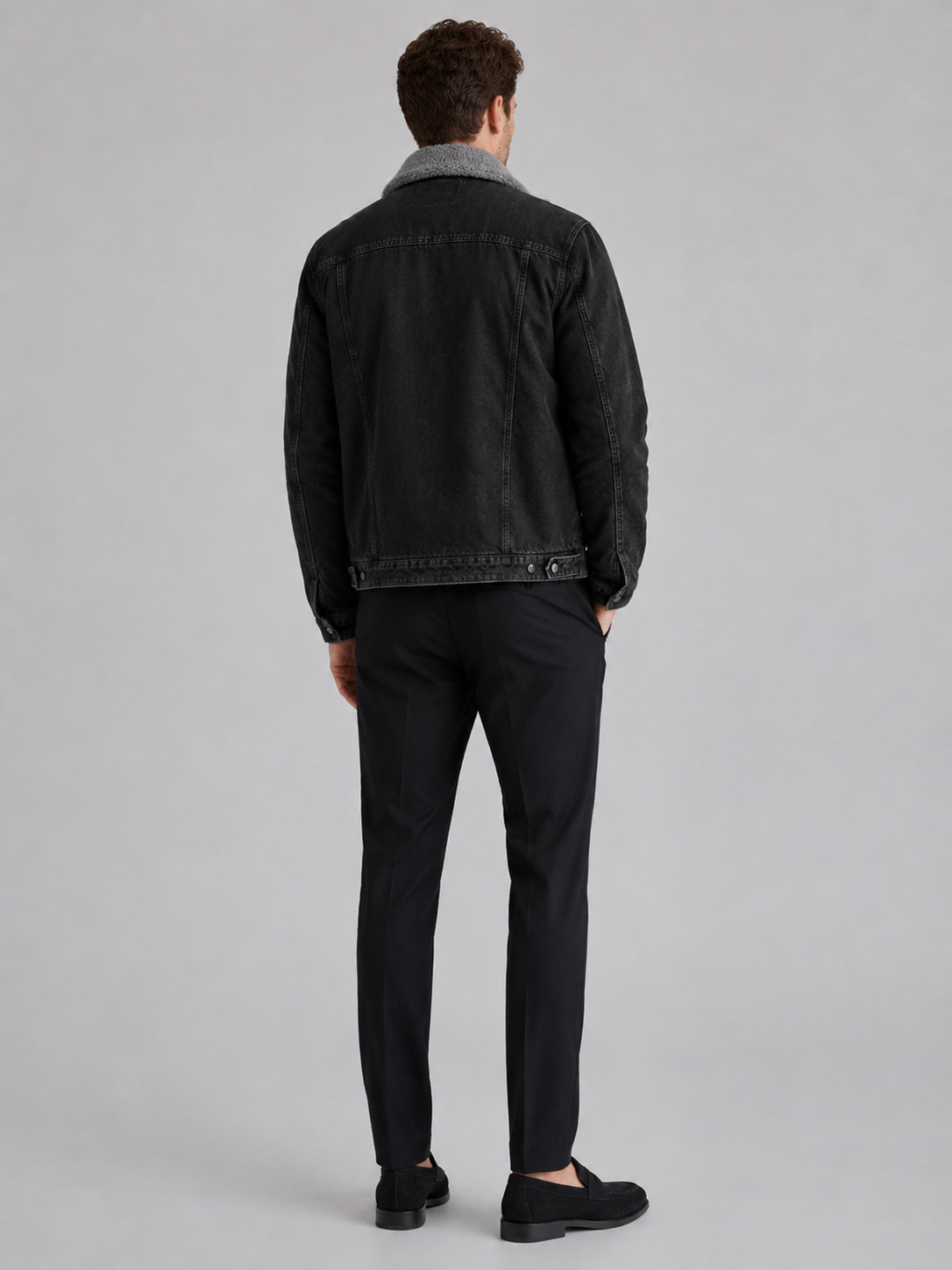 Men’s black insulated denim jacket comfortable winter layer for casual outdoor and everyday outfits