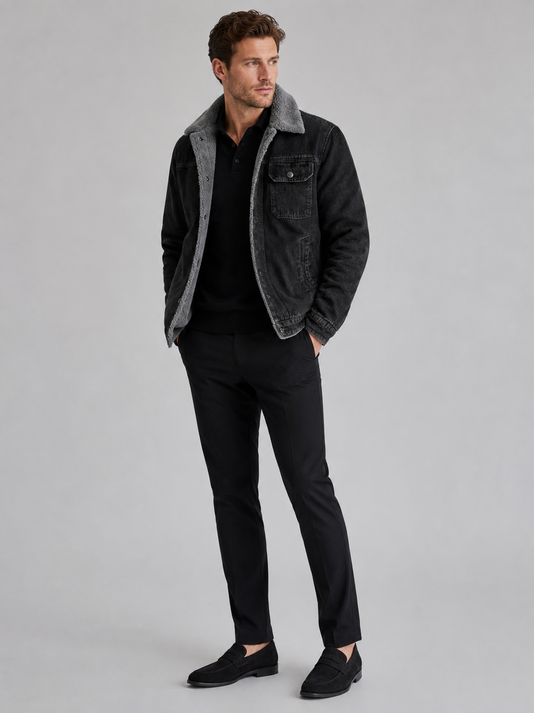Black fleece lined denim jacket for men thick warm outerwear for outdoor and everyday wear