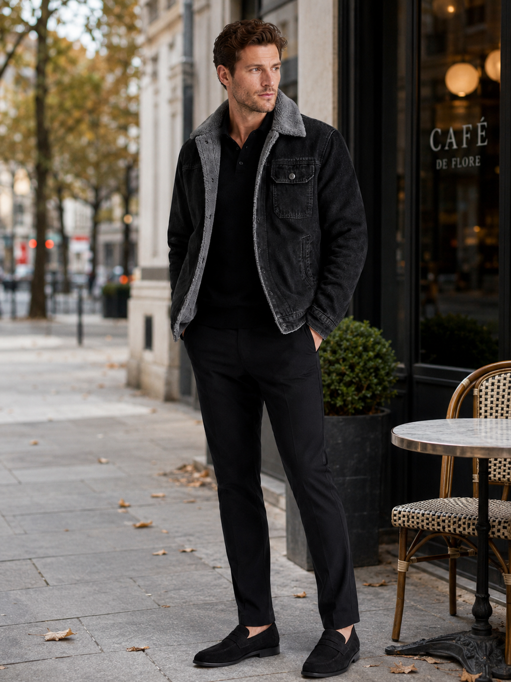 Man styling black fleece lined denim jacket in a modern outdoor and everyday winter lifestyle outfit