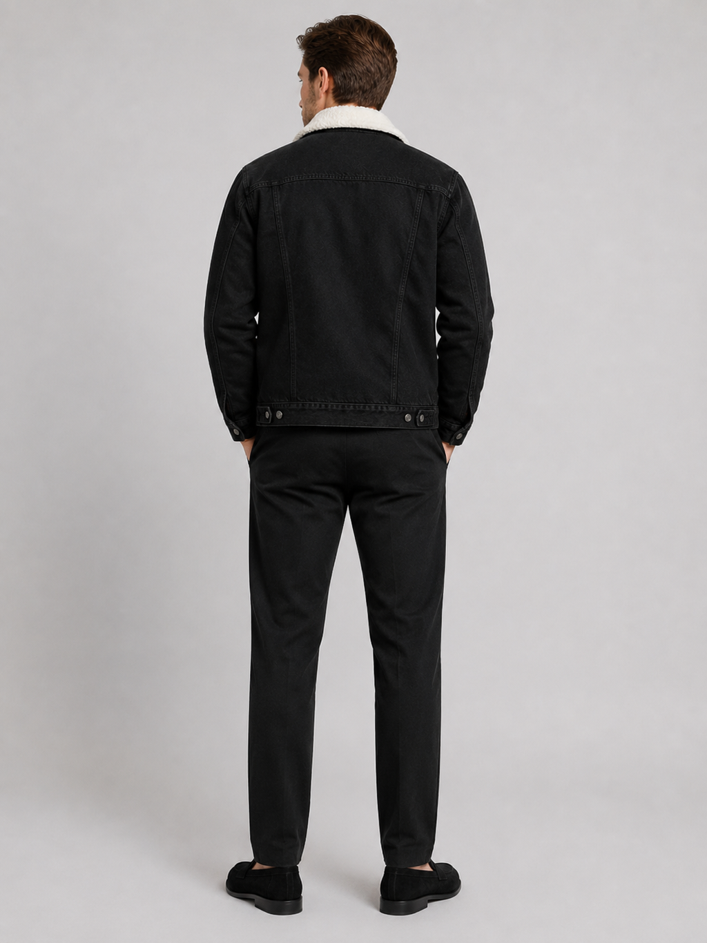 Men’s black denim jacket comfortable insulated layer for casual outdoor and cold weather outfits