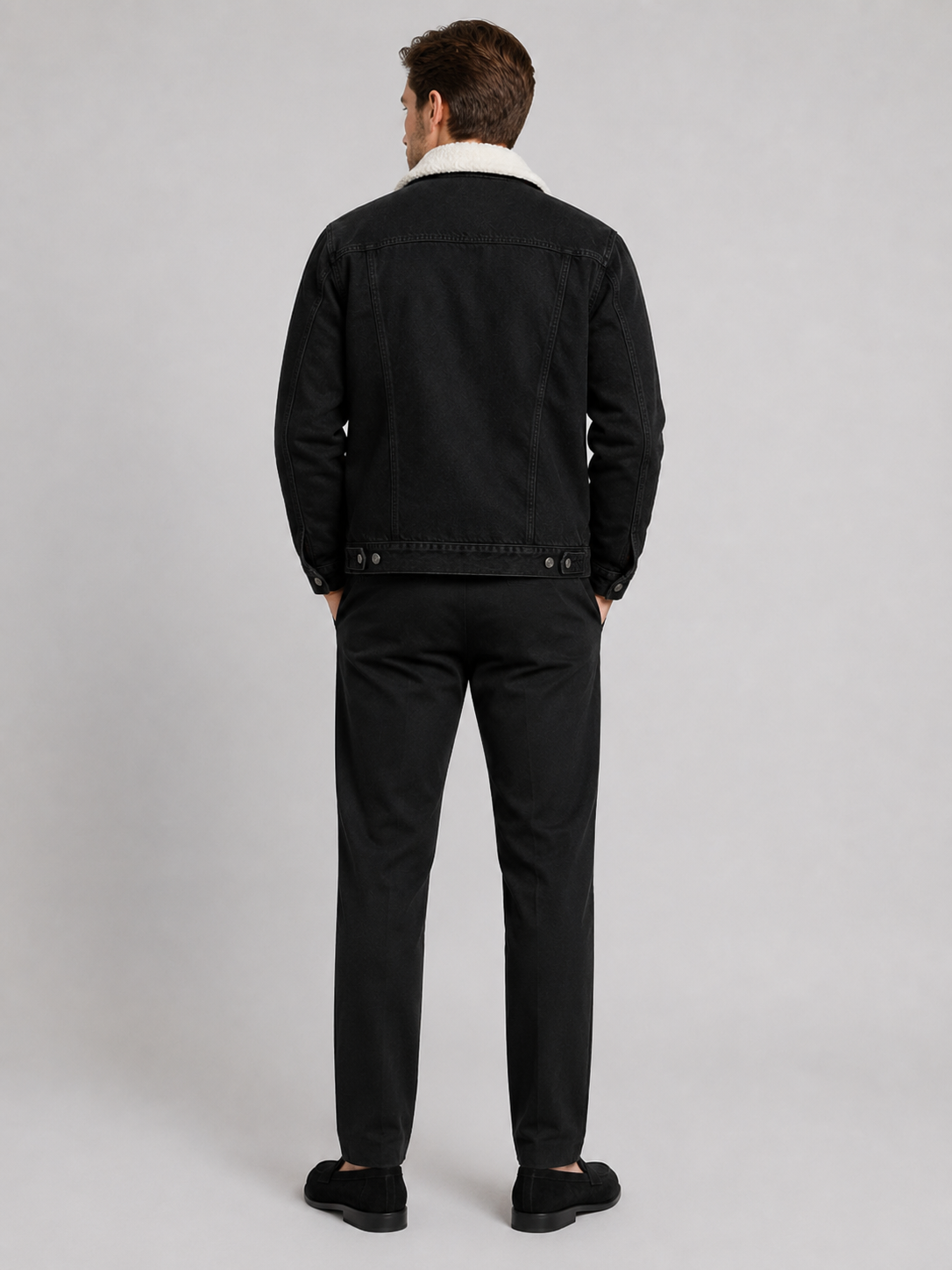 Men’s black denim jacket comfortable insulated layer for casual outdoor and cold weather outfits