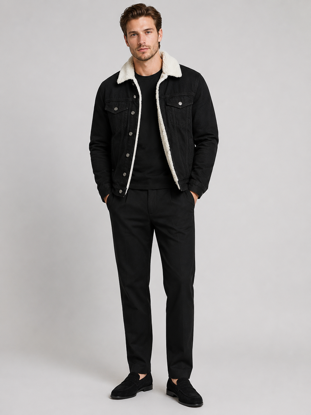 Black fleece lined denim jacket for men thick warm outerwear for winter and everyday wear