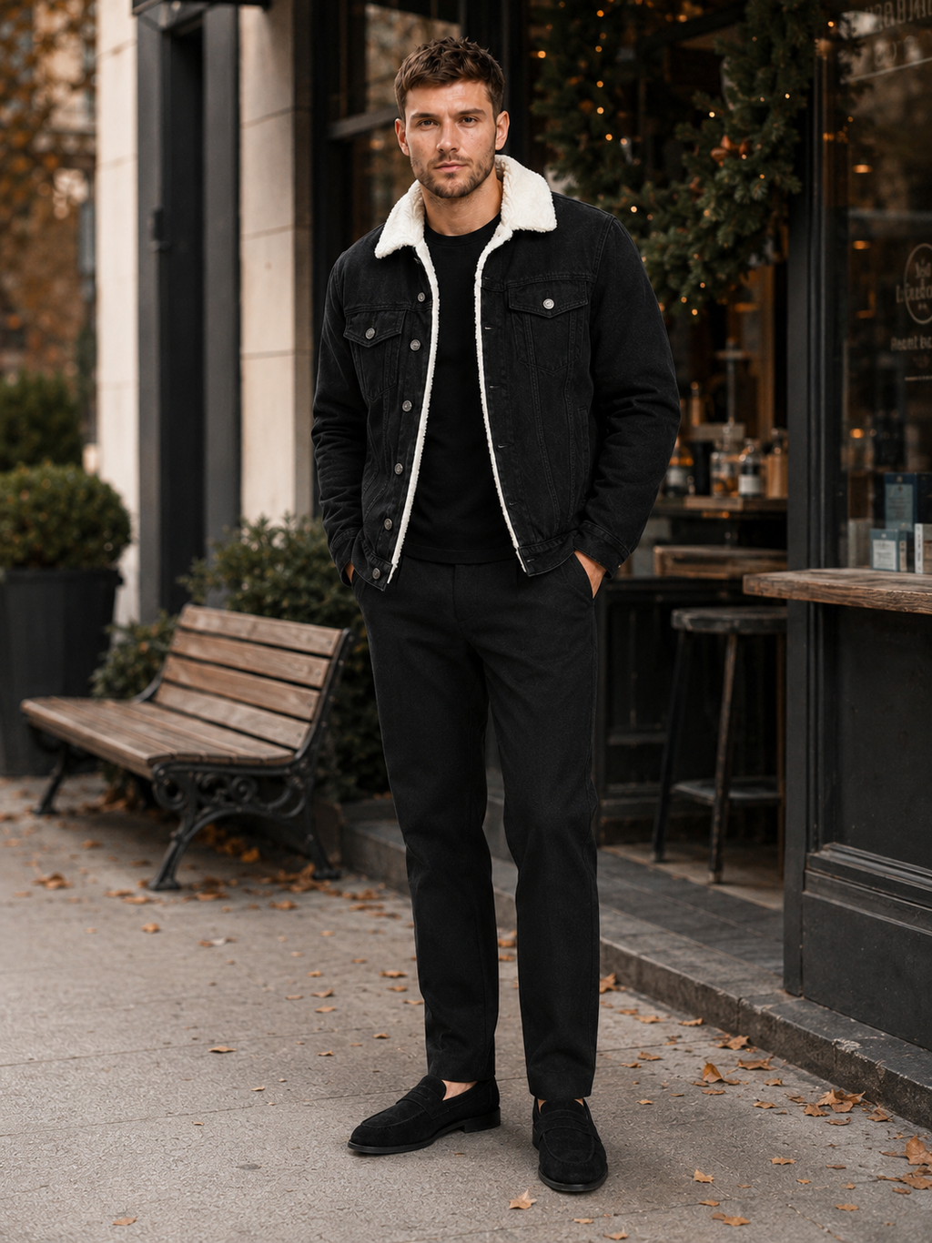 Man styling black fleece lined denim jacket in a modern outdoor and everyday winter outfit