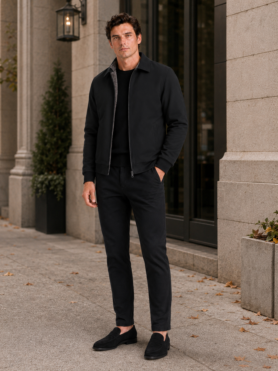 Man styling black fleece lined fall jacket in a modern business casual and everyday lifestyle outfit
