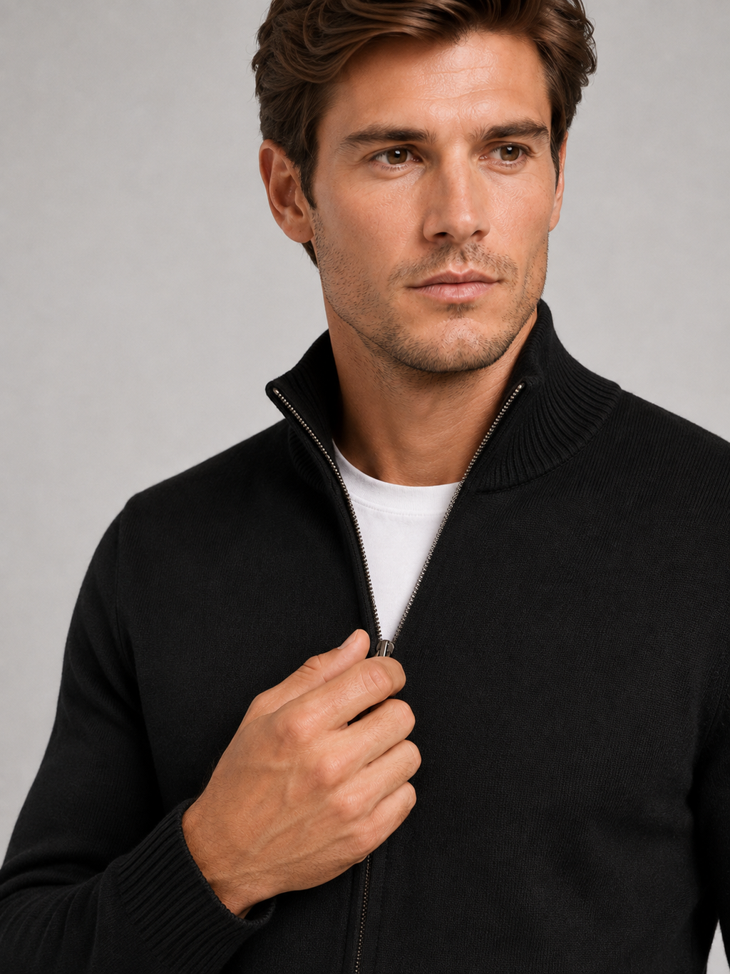 Close-up of a black full zip knit sweater showing the textured knit fabric, stand collar, zipper closure, ribbed cuffs, hem, and stitching details
