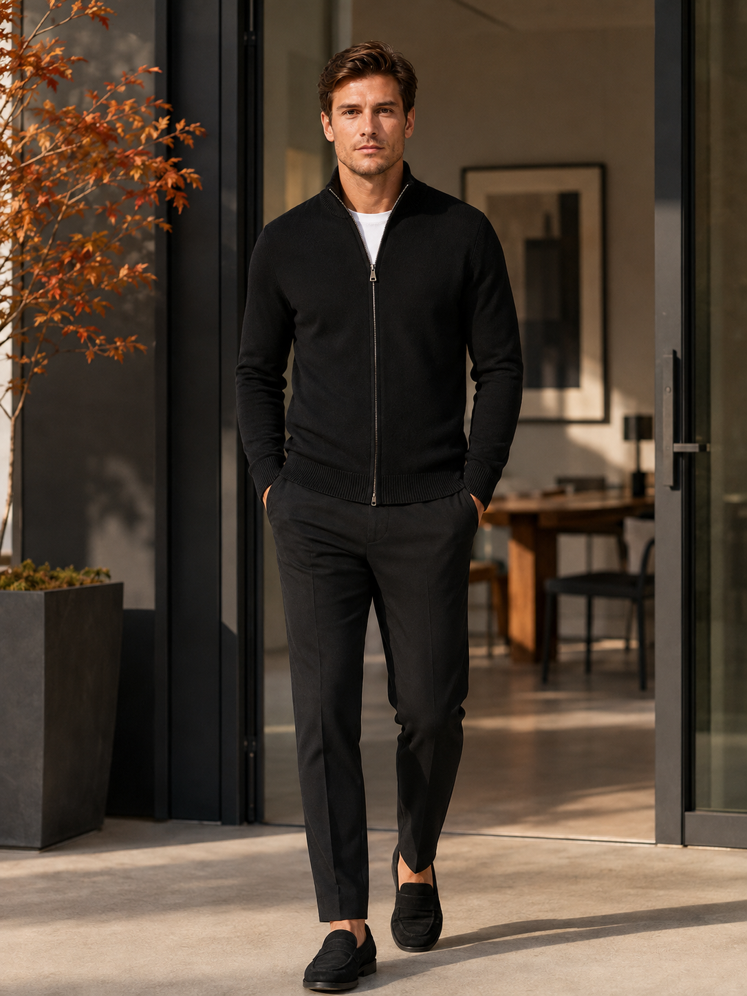 Man wearing a black full zip knit cardigan sweater in a business casual fall winter outfit for everyday wear