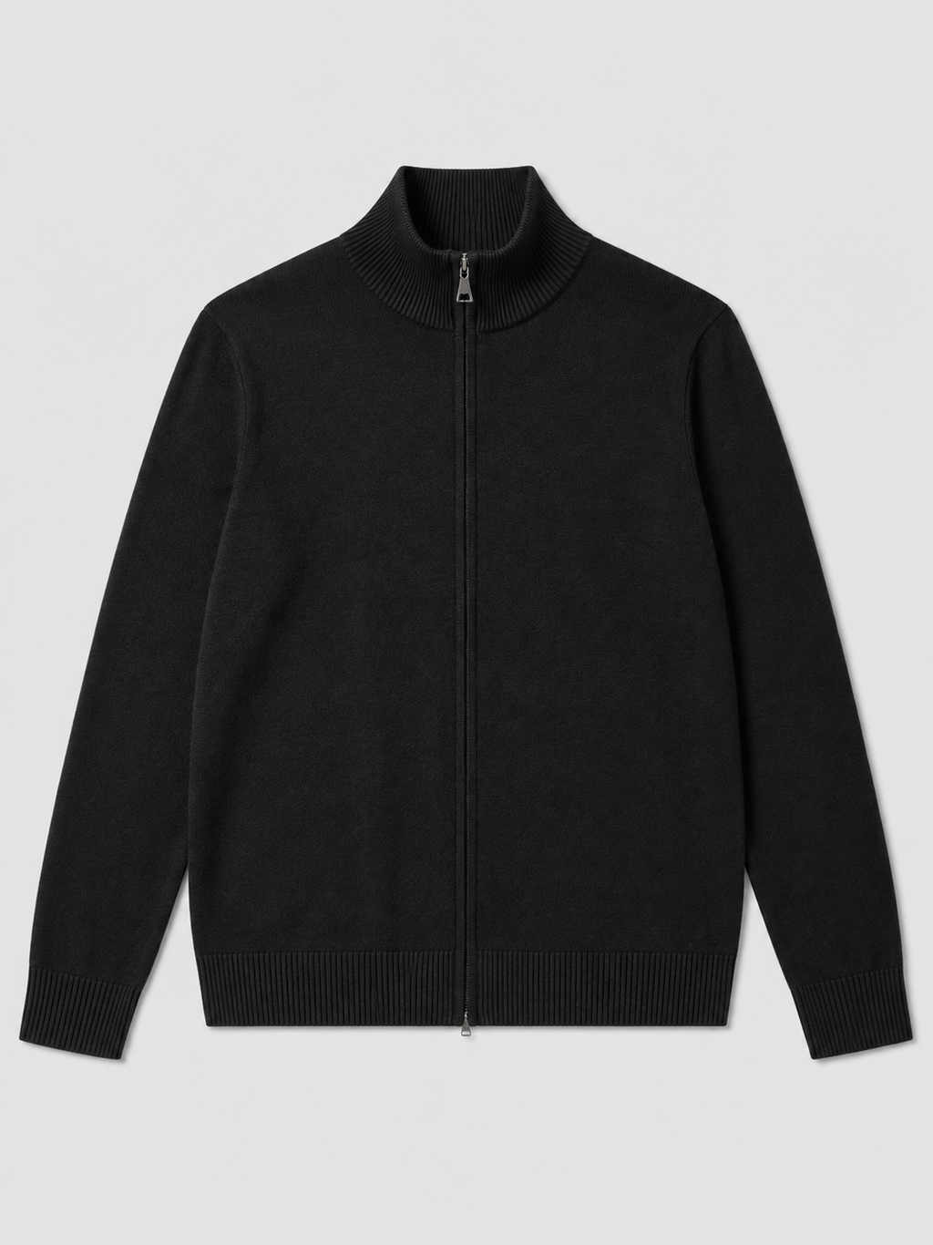 Black men’s full zip knit cardigan sweater with a stand collar and slim fit displayed on a plain background