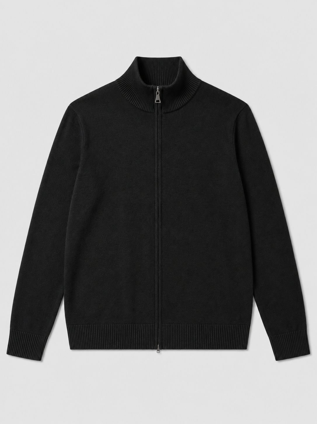 Black men’s full zip knit cardigan sweater with a stand collar and slim fit displayed on a plain background