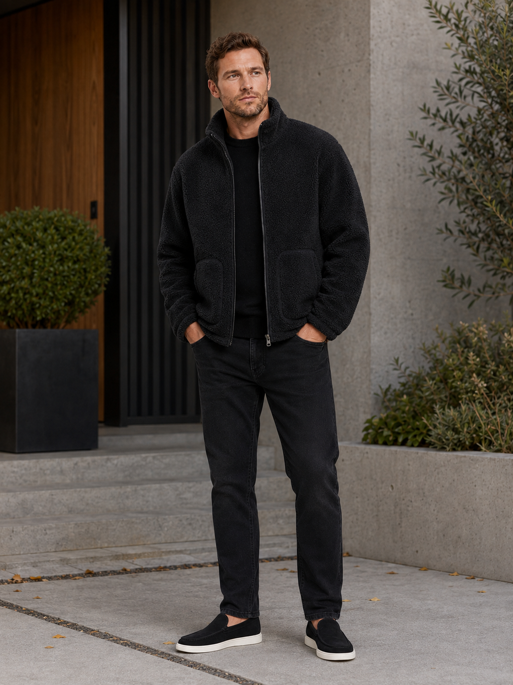 Man wearing a black full zip fleece jacket in a casual fall winter outfit for outdoor and everyday wear
