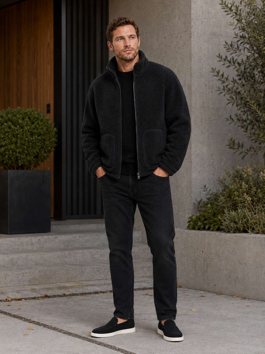 Man wearing a black full zip fleece jacket in a casual fall winter outfit for outdoor and everyday wear