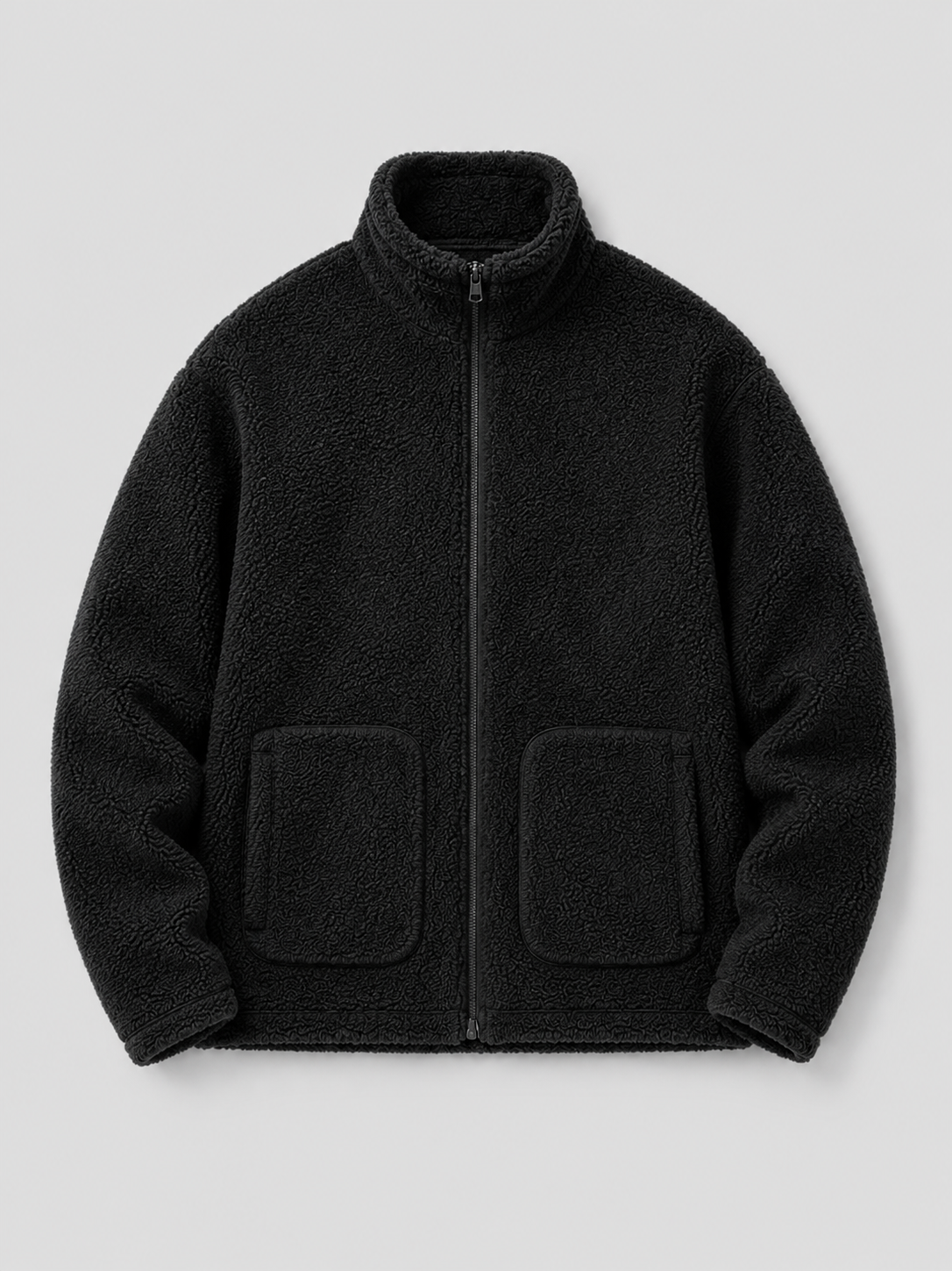 Black men’s full zip fleece jacket with a stand collar and loose fit displayed on a plain background