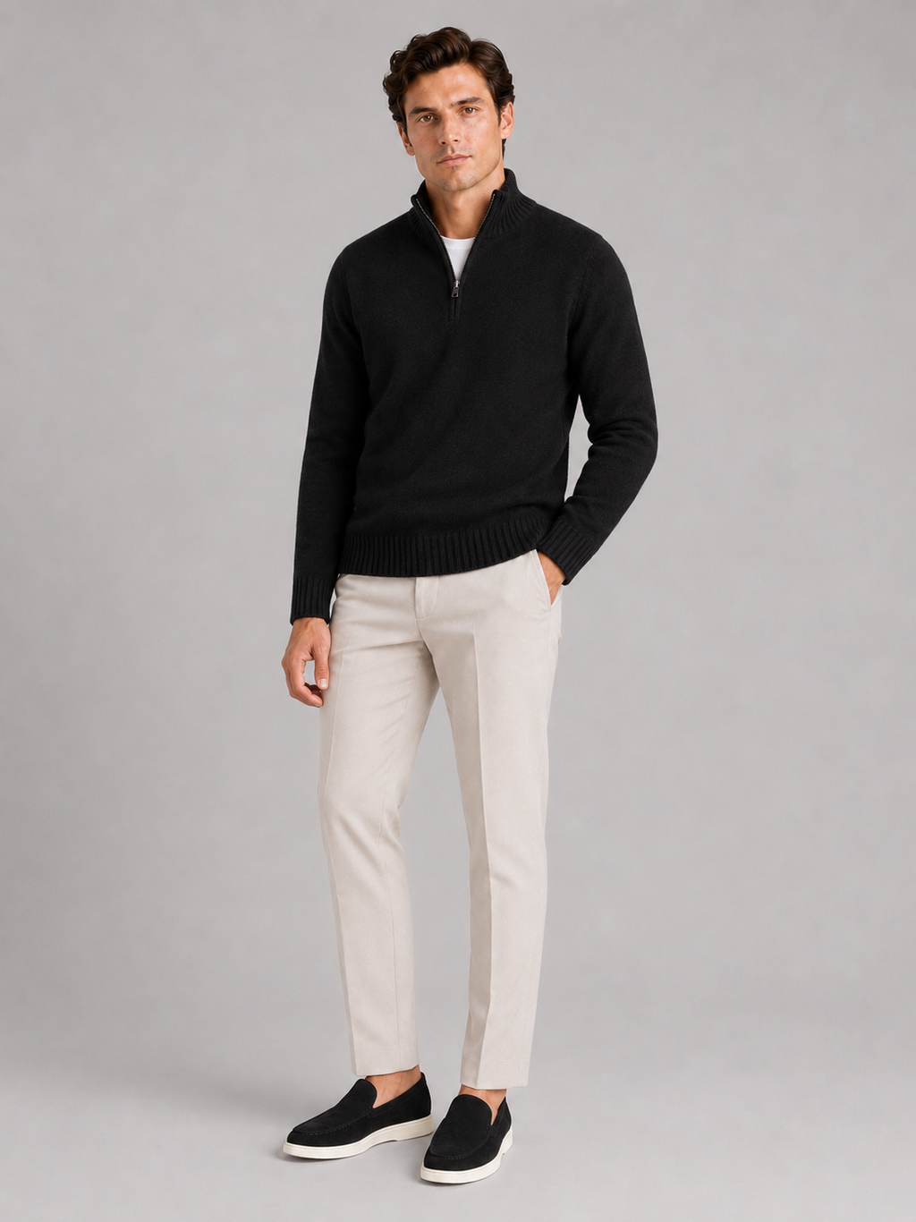 Black half zip knit sweater for men long sleeve pullover for everyday fall wear
