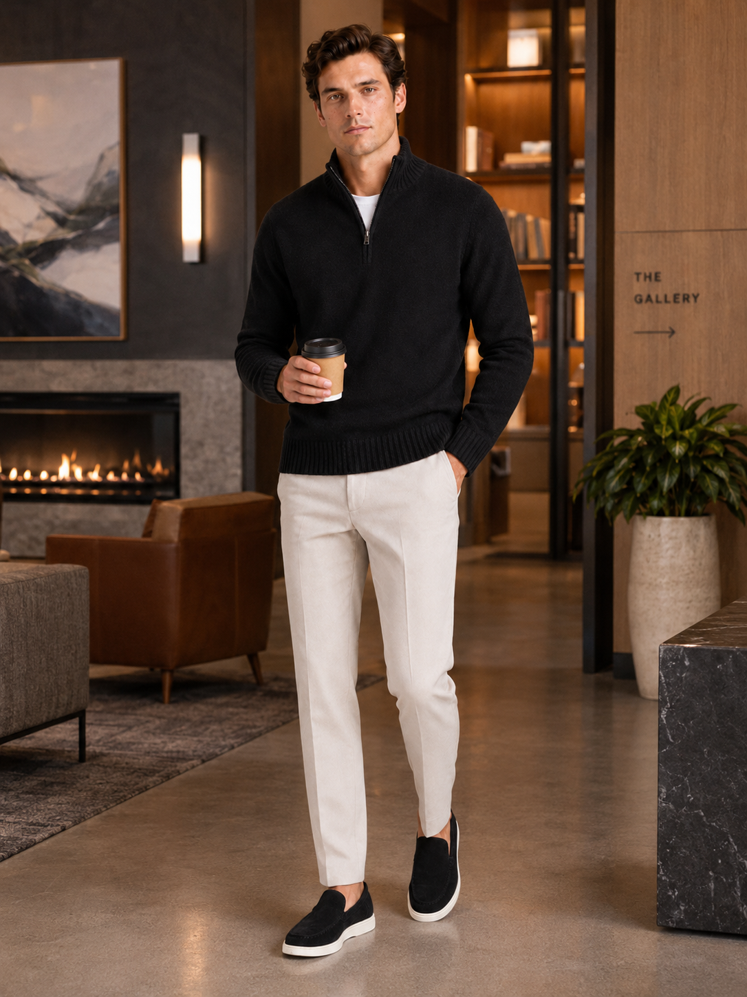 Man styling black half zip sweater in a sleek fall lifestyle outfit