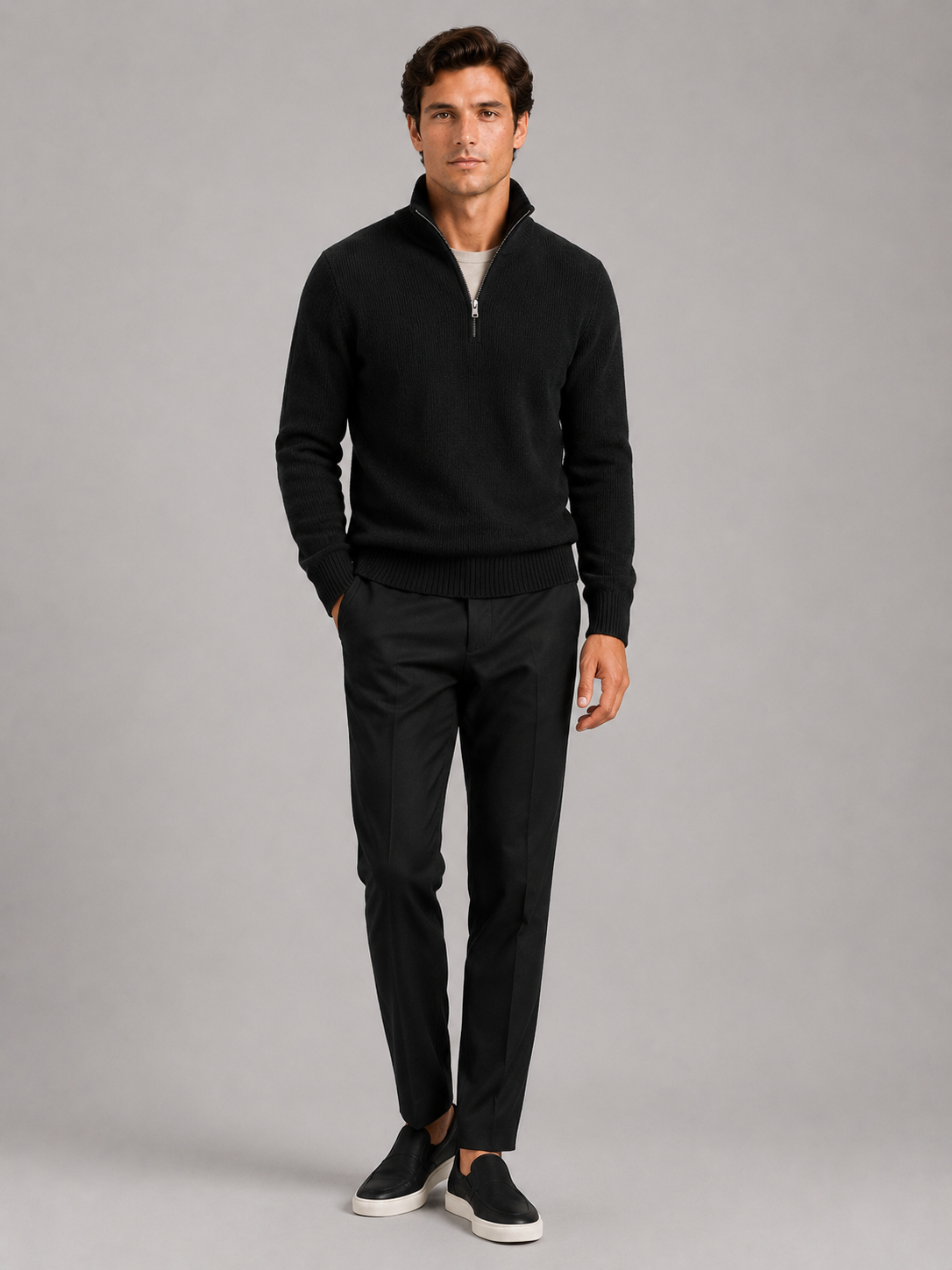 Black half zip sweater for men warm thick knit pullover for winter everyday wear