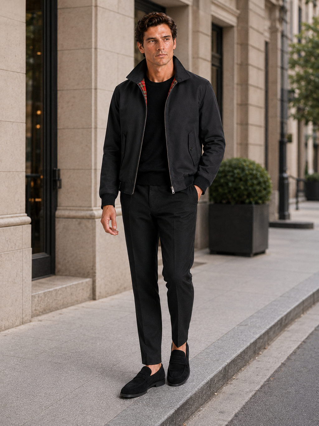 Man styling black Harrington fall jacket in a sleek everyday lifestyle outfit