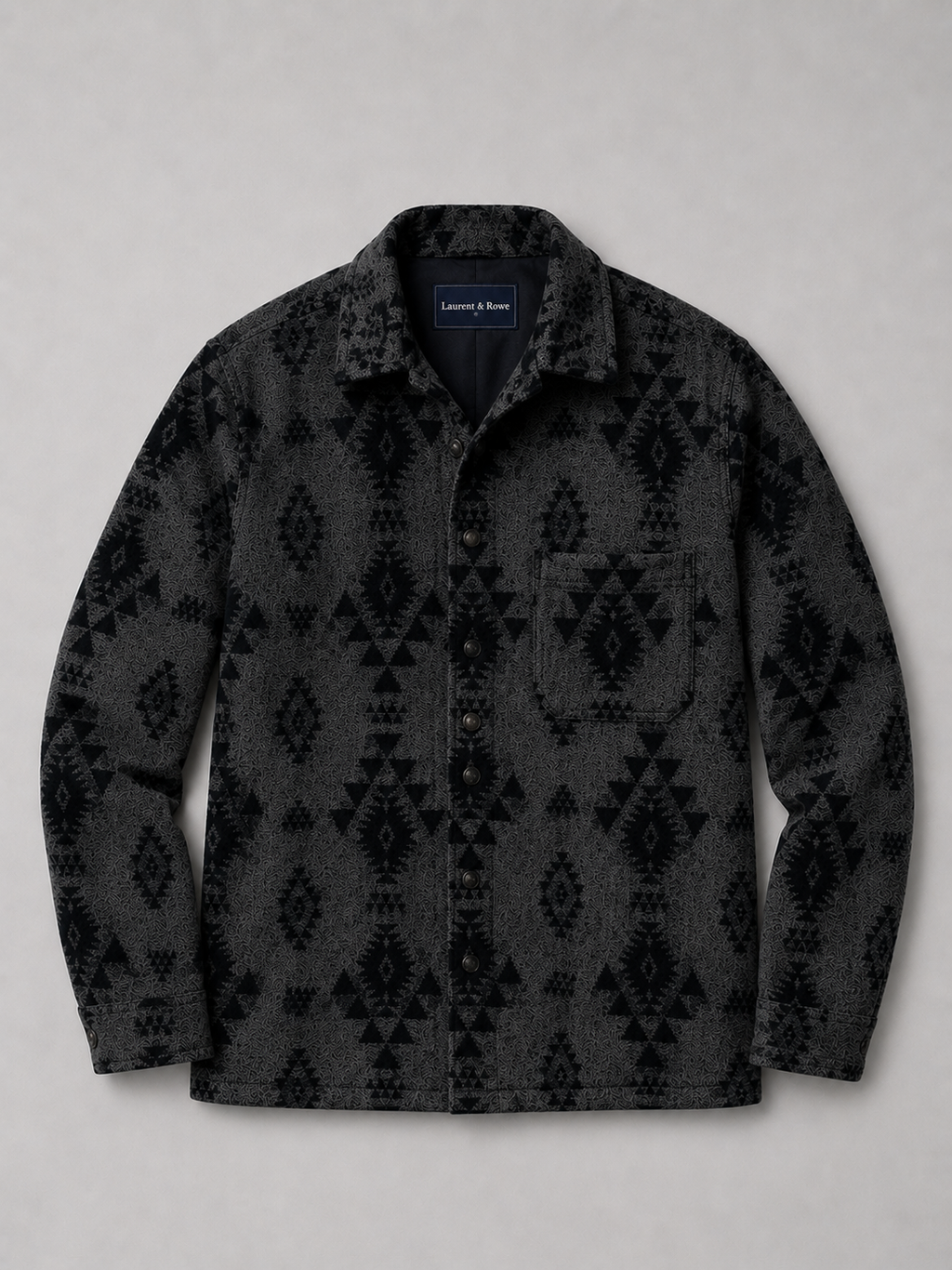 Black men’s heavyweight flannel shacket with thick brushed fabric displayed on a plain background