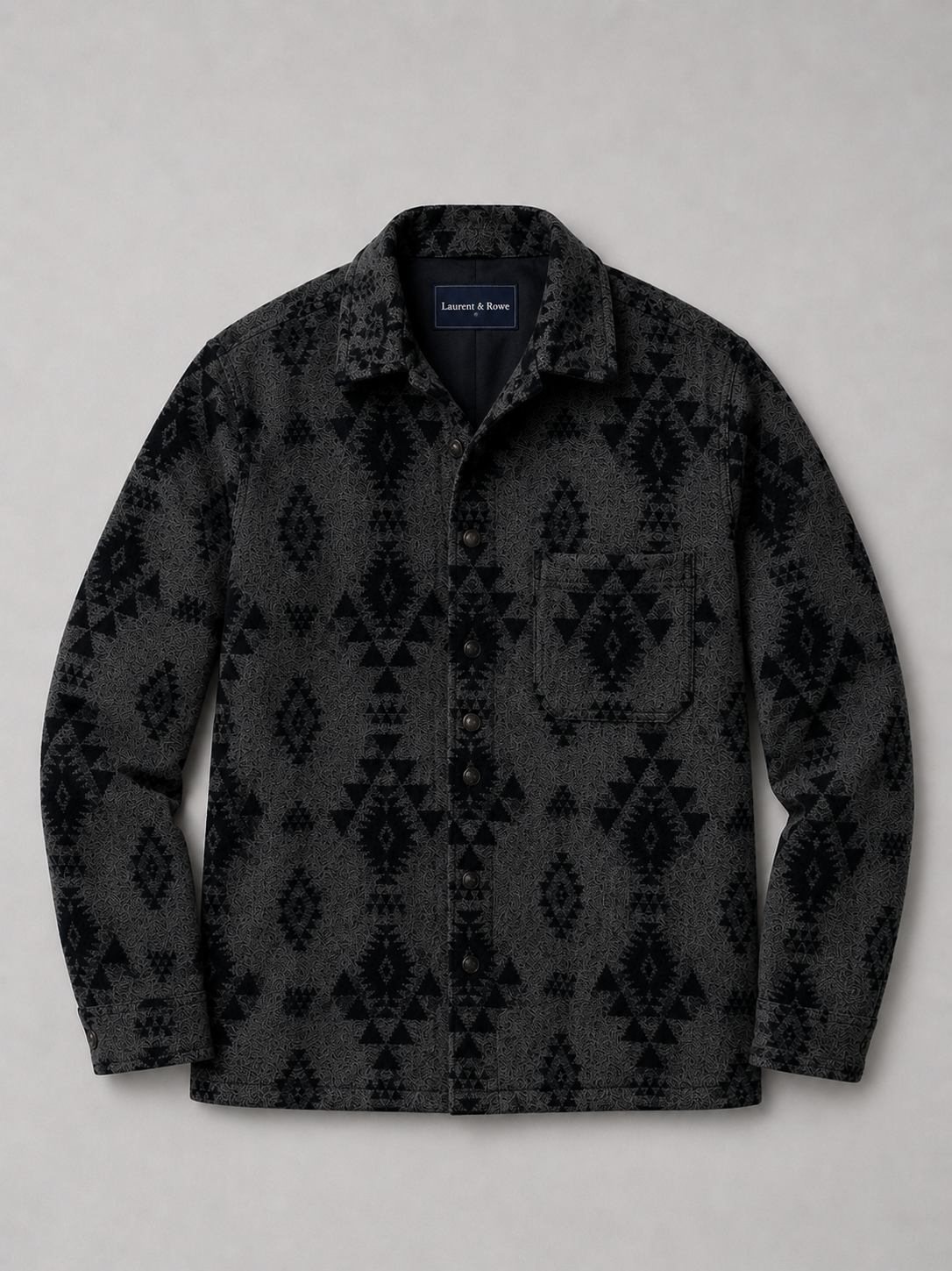 Black men’s heavyweight flannel shacket with thick brushed fabric displayed on a plain background