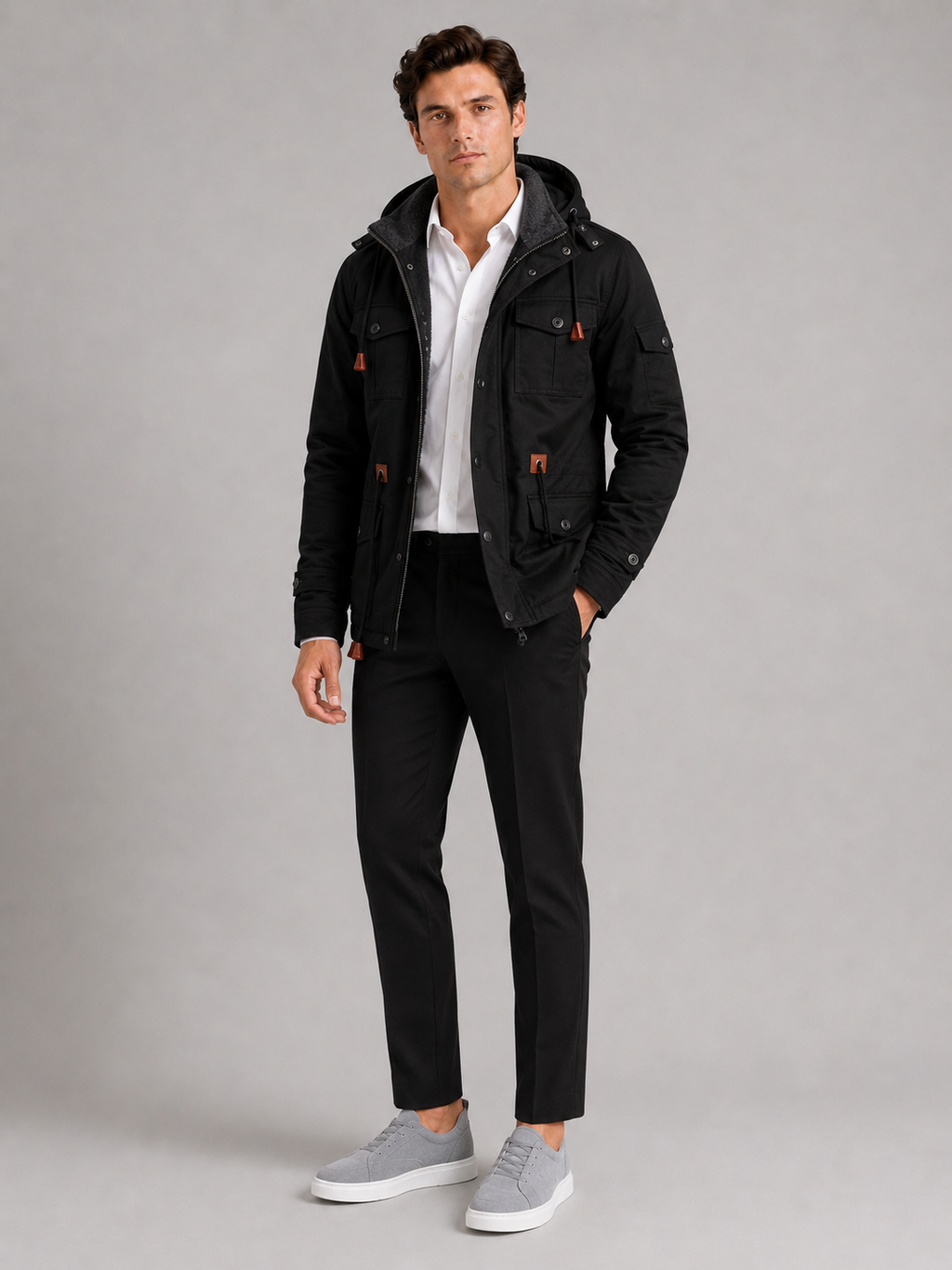 Black hooded cotton jacket for men thick warm winter coat for outdoor and everyday wear
