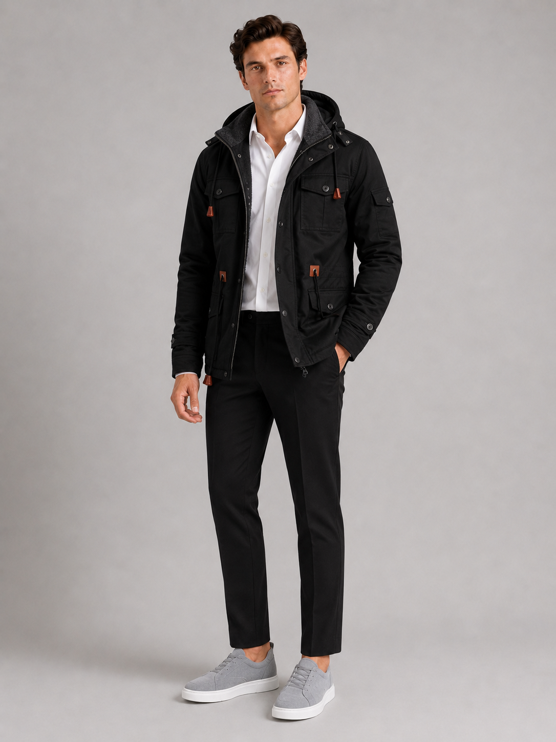 Black hooded cotton jacket for men thick warm winter coat for outdoor and everyday wear