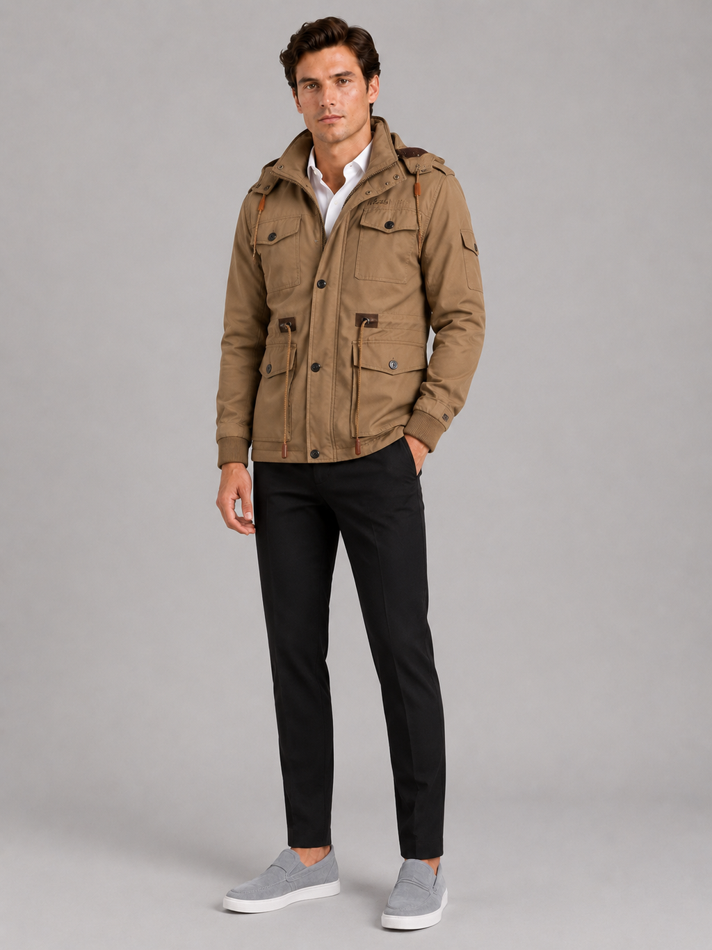 Khaki hooded cotton jacket for men thick warm winter coat for outdoor and everyday wear