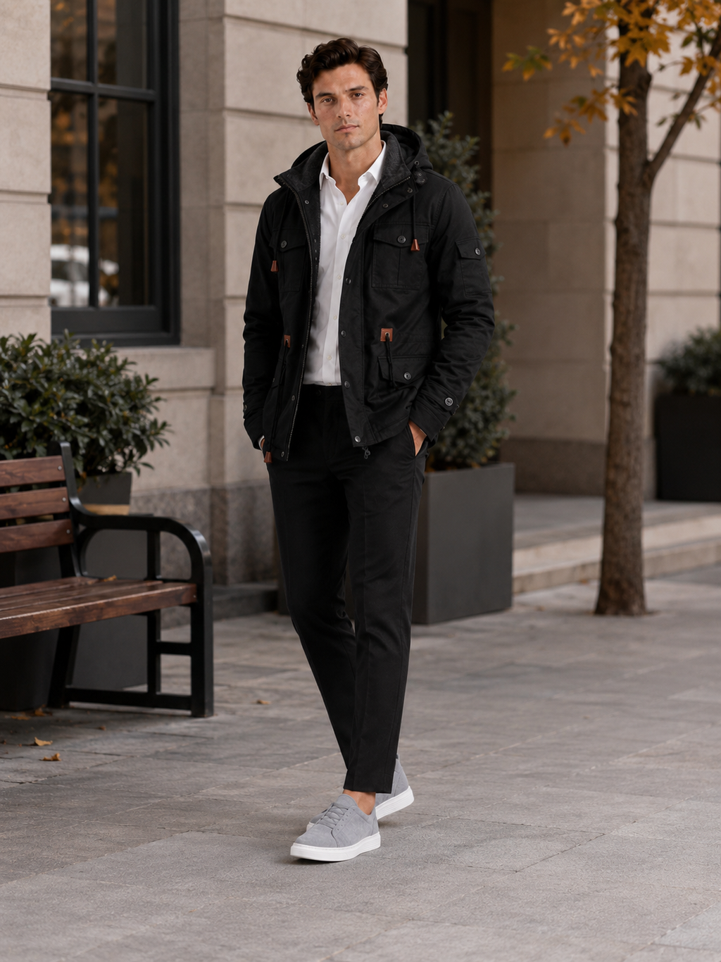 Man styling black hooded cotton jacket in a modern outdoor and everyday winter lifestyle outfit