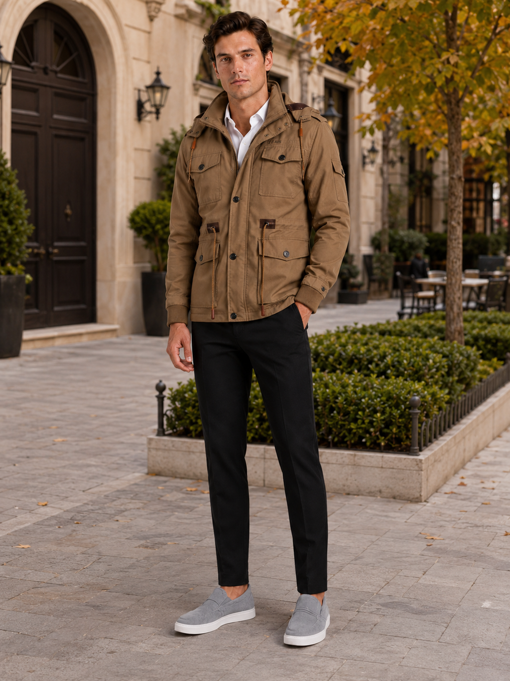 Man styling khaki hooded cotton jacket in a refined outdoor and everyday winter lifestyle outfit