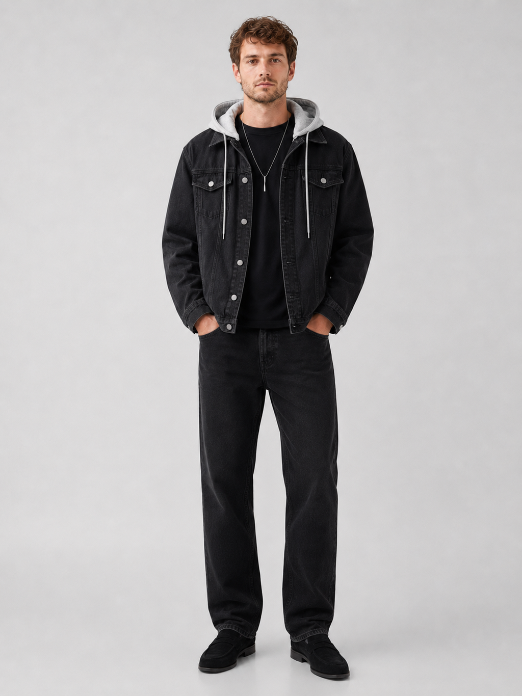 Black hooded denim jacket for men loose fit fall winter outerwear for everyday wear
