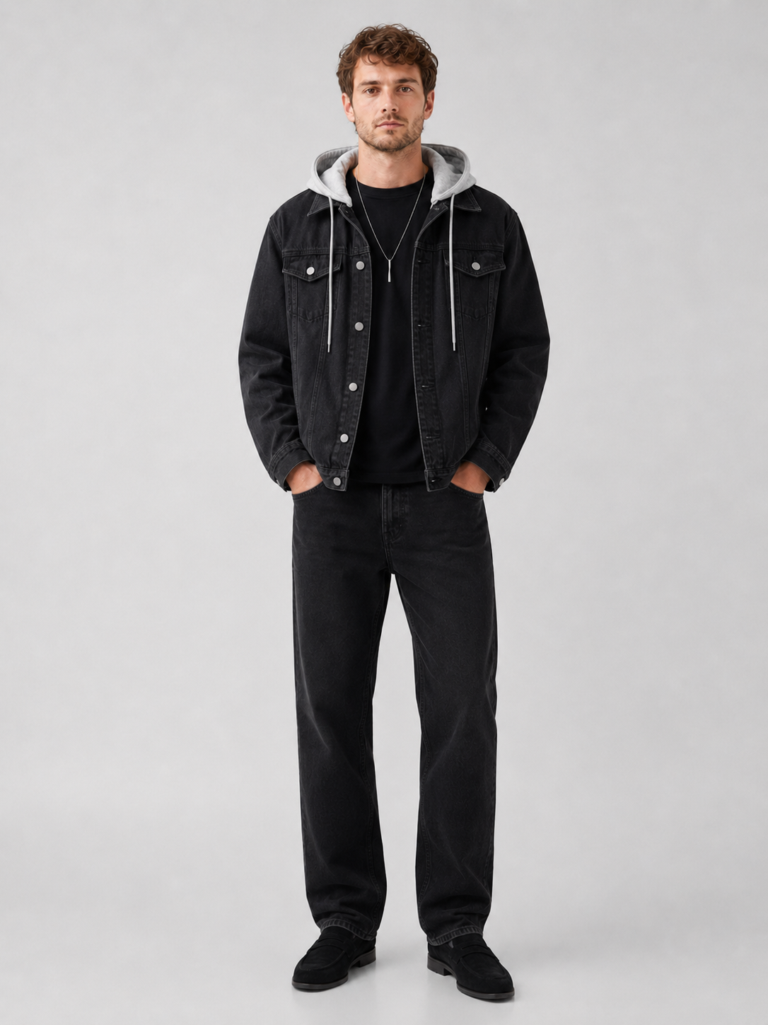 Black hooded denim jacket for men loose fit fall winter outerwear for everyday wear