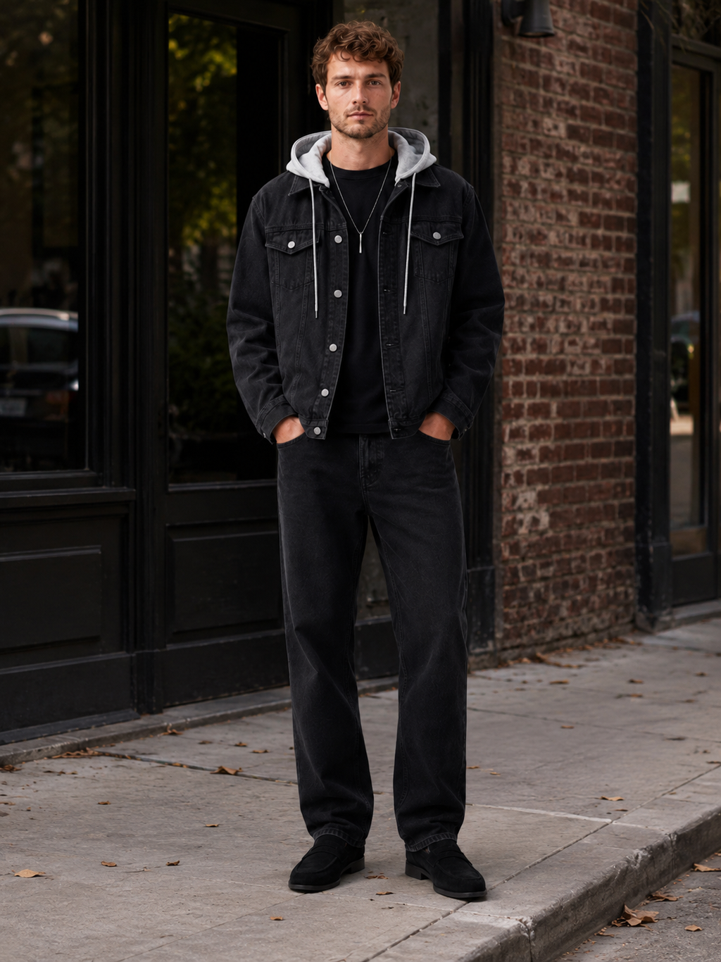 Man styling black hooded denim jacket in a modern fall winter streetwear outfit
