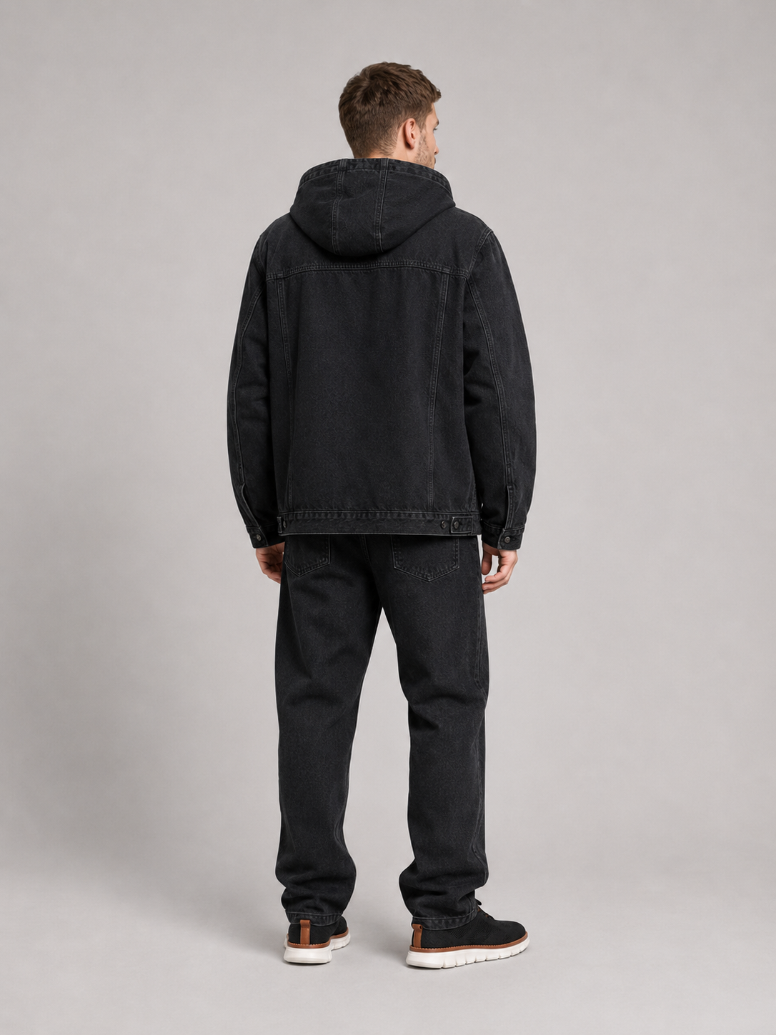 Men’s black denim jacket with large pockets comfortable casual layer for streetwear outfits