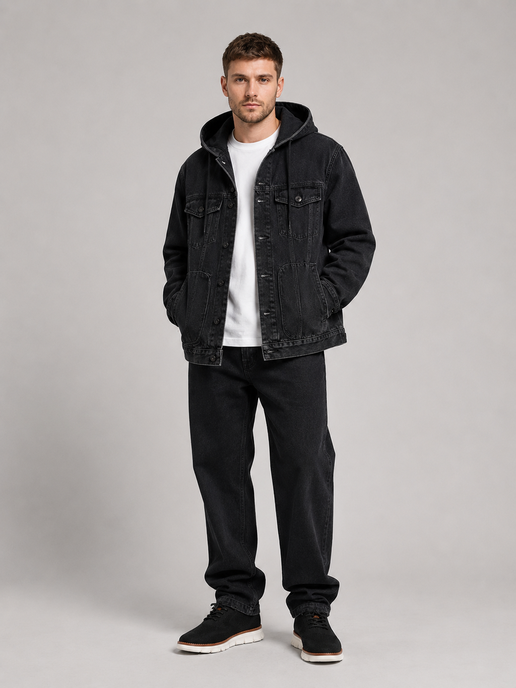 Black hooded denim jacket for men windproof fall outerwear for everyday wear