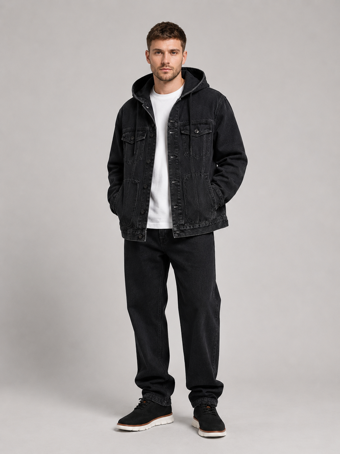 Black hooded denim jacket for men windproof fall outerwear for everyday wear