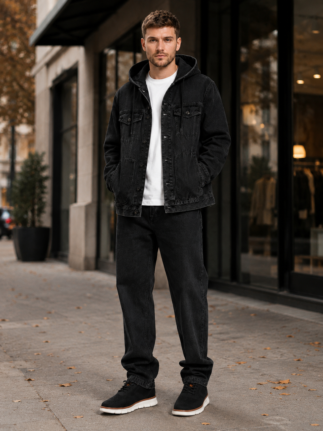 Man styling black hooded denim jacket in a modern streetwear and everyday lifestyle outfit