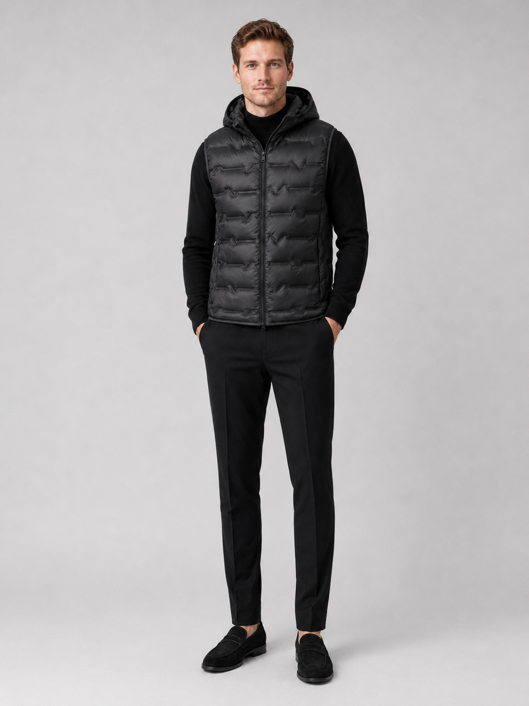 Black hooded down vest for men ultralight windproof waterproof winter puffer vest for outdoor and everyday wear