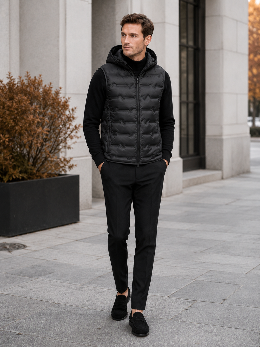 Man styling black hooded down vest in a modern outdoor and everyday winter lifestyle outfit