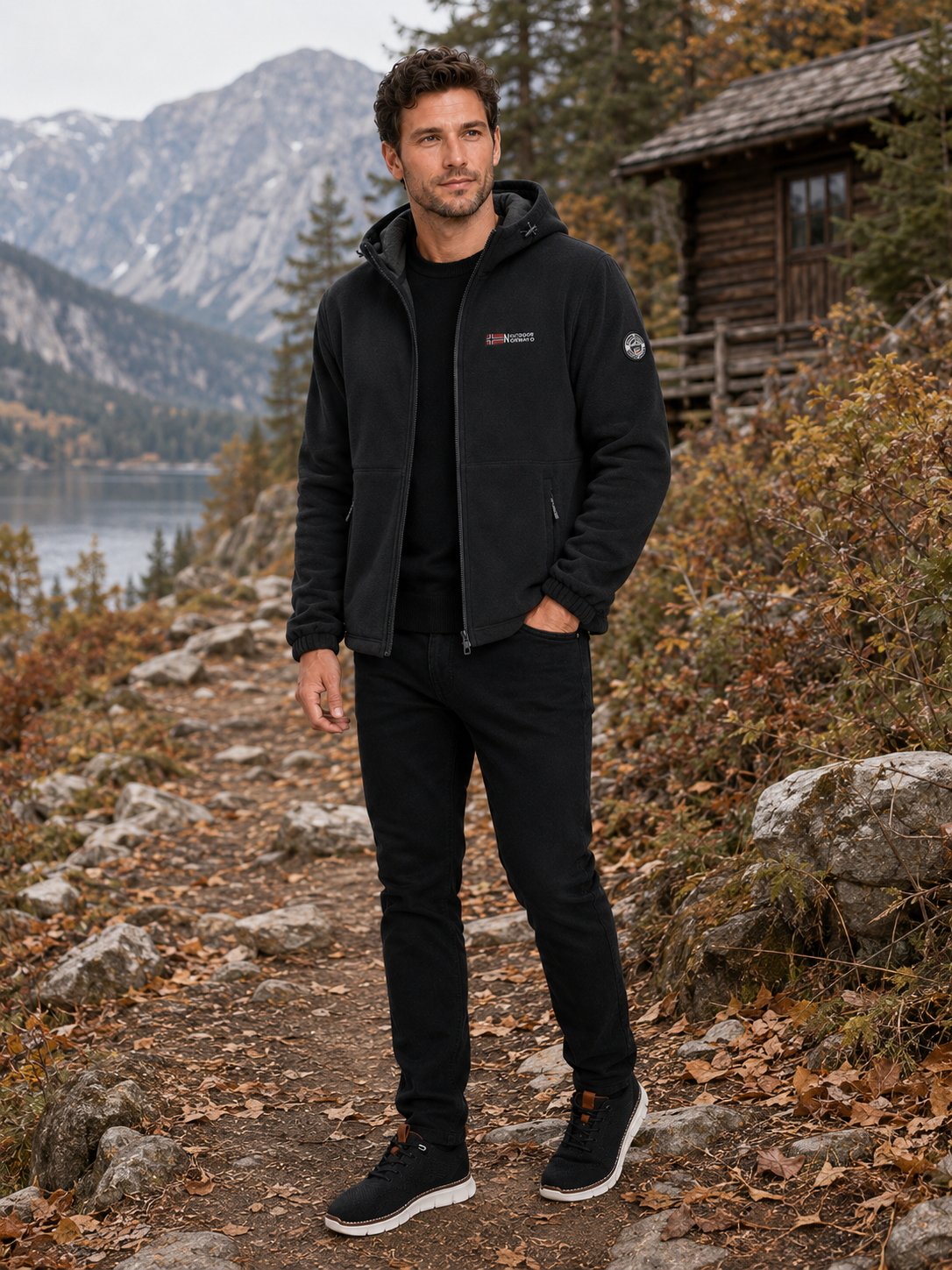 Man wearing a black hooded windproof fleece jacket for hiking and outdoor activities in fall and winter
