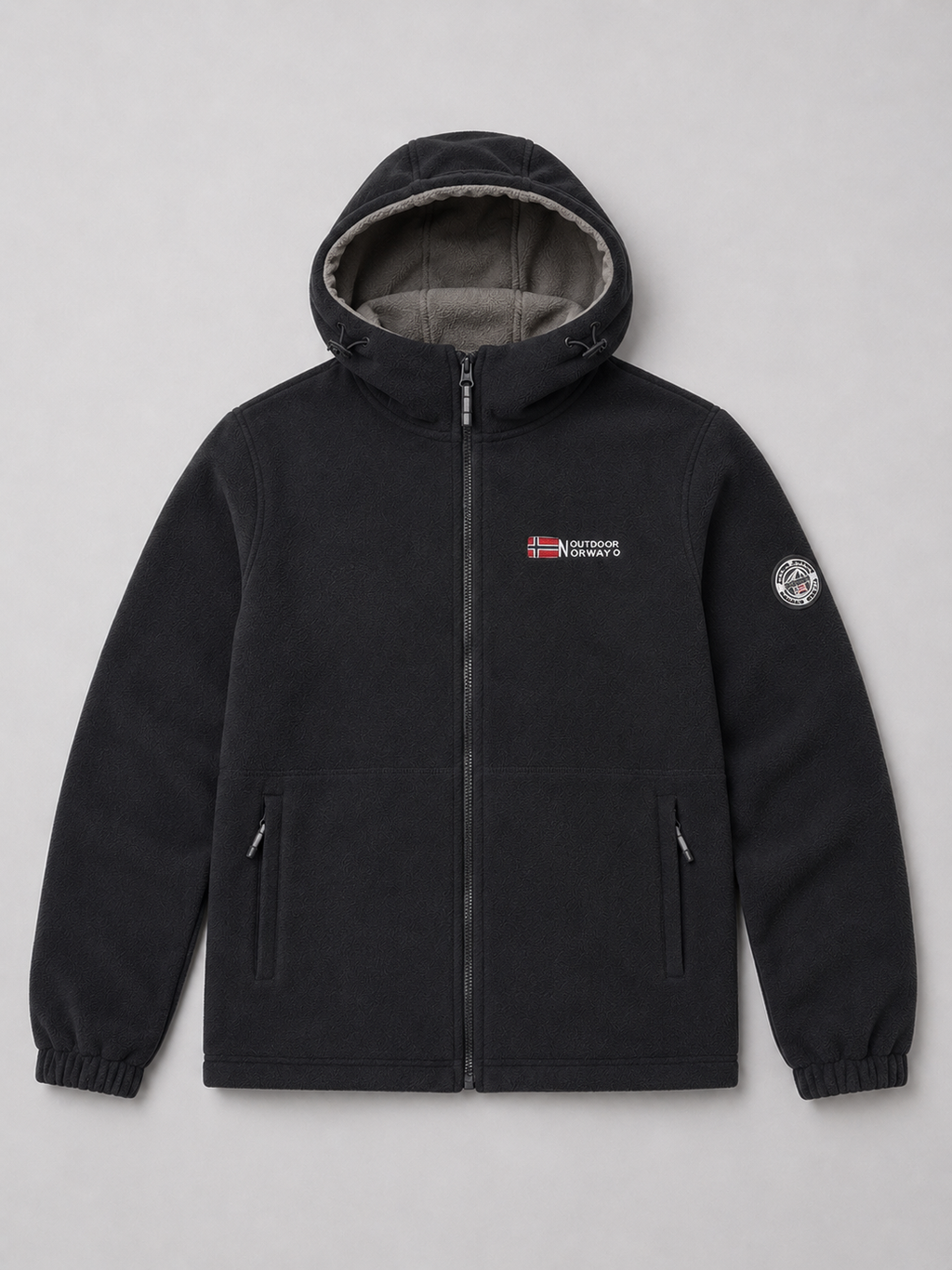 Black men’s hooded windproof fleece jacket with thick warm construction displayed on a plain background