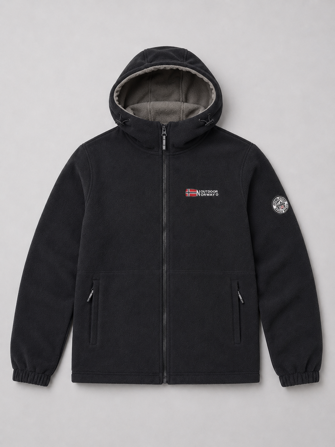 Black men’s hooded windproof fleece jacket with thick warm construction displayed on a plain background