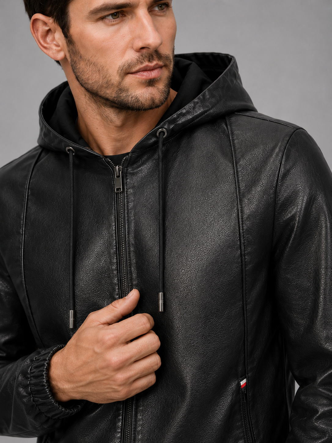 Close-up of a black hooded leather jacket showing the premium leather texture, zip-up closure, hood, stitching, cuffs, pockets, and warm interior finish