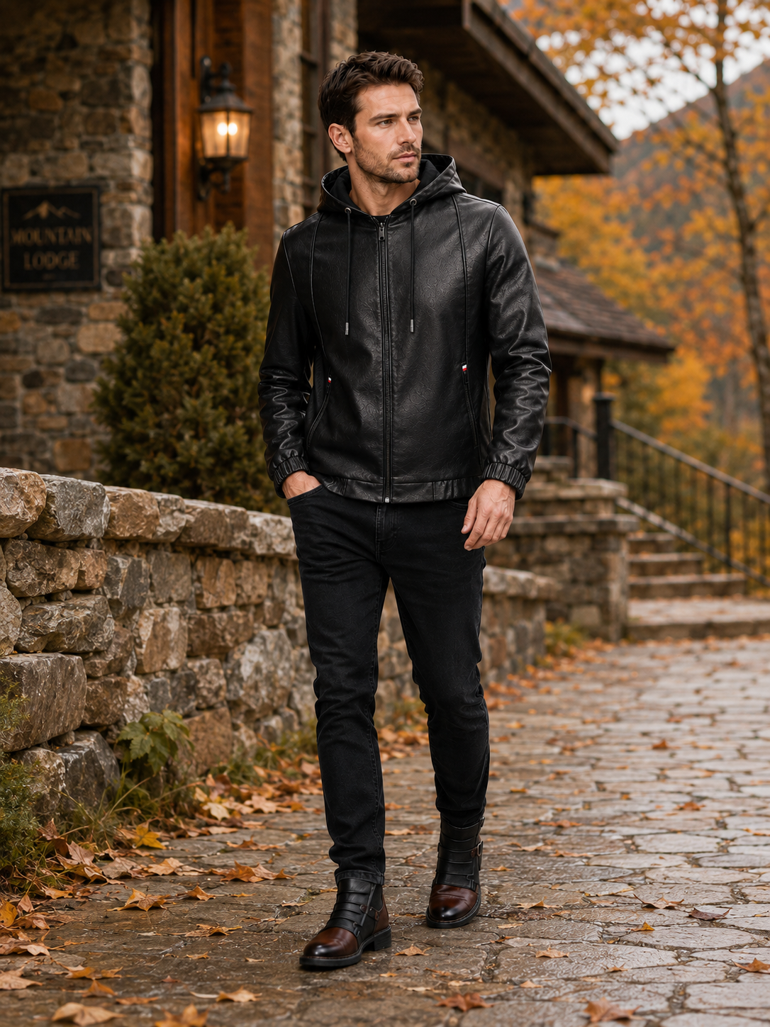 Man wearing a black hooded leather jacket in a modern outdoor fall winter outfit with jeans and leather boots
